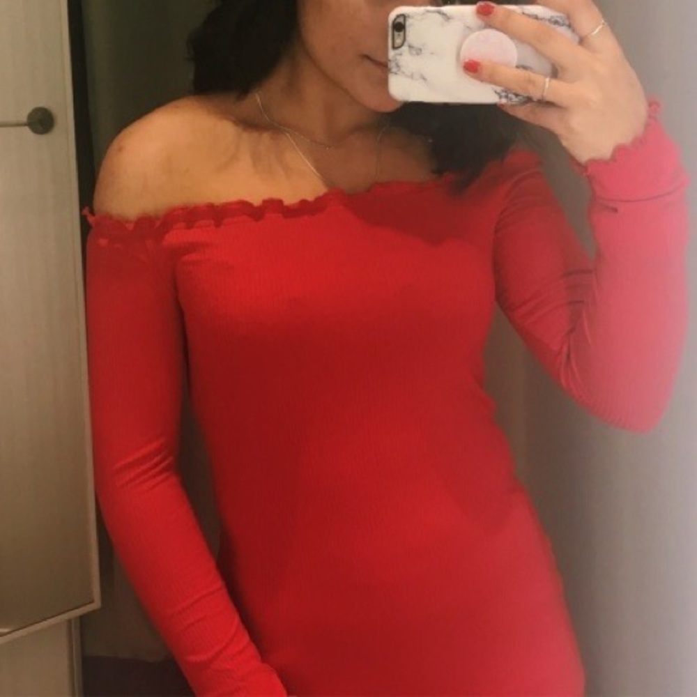 Red + black off the shoulder dress